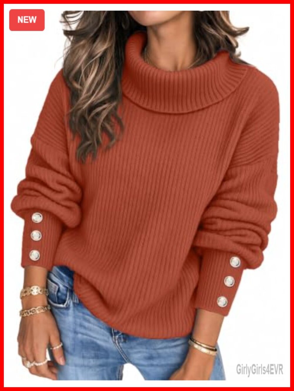 Chunky Knit Turtleneck Sweater Long Sleeve Button Pullover Loose Fit
